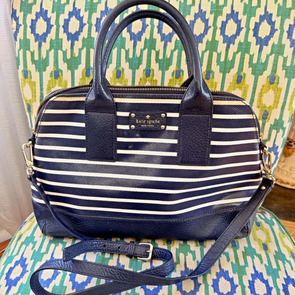 Kate Spade new york Navy/White Striped Satchel Zip Top Handle Detachable Strap